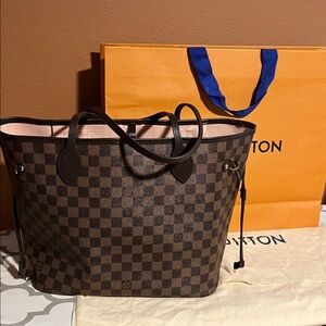 Louis Vuitton Brown Checkered Tote with Pink Insert